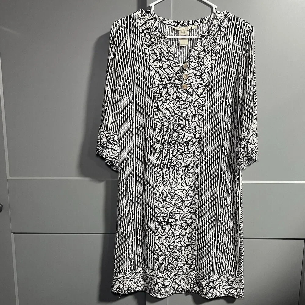 Soft Surroundings 3/4 Sleeve Raven Dress Abstract Print Bown/White SIze Small